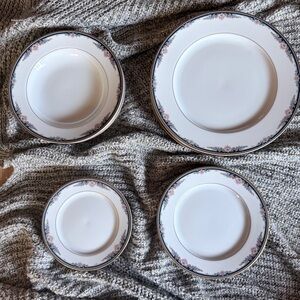 Gorham White Porcelain Dinnerware with Pink Floral and Gold Rim